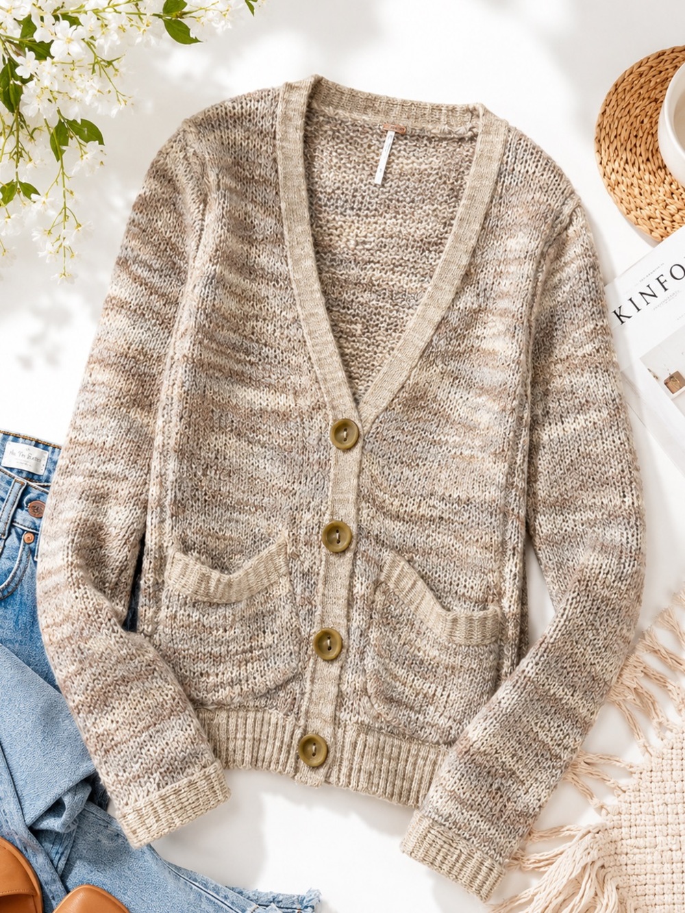 Free People Button Cardigan Sweater Beige Gray Alpaca Wool Marled V Neck Large - Picture 12 of 13